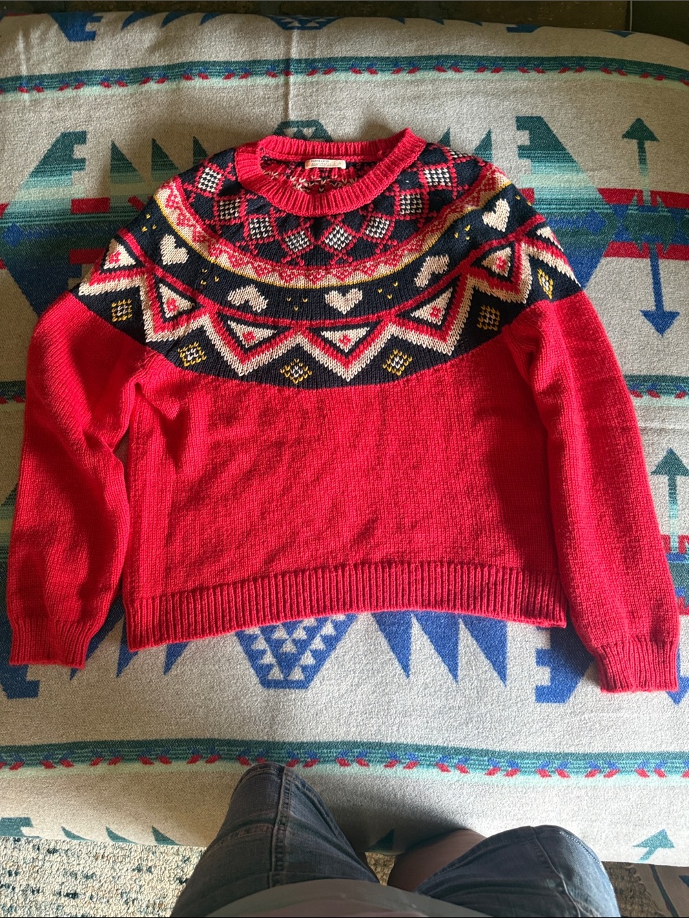 Red Fair Isle Crewneck Sweater with Navy Yoke